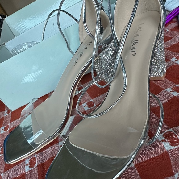 LALA IKAI Women's Heels Sandals with Rhinestone Strappy Open Toe Clear Block - Picture 5 of 8